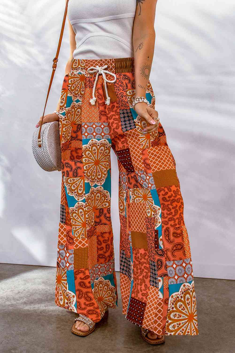 Bohemian Woman Patchwork Drawstring Wide Leg Pants