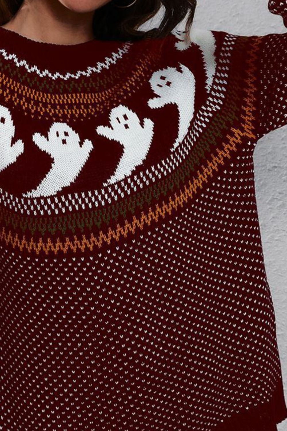 Full Size Ghost Pattern Round Neck Long Sleeve Sweater