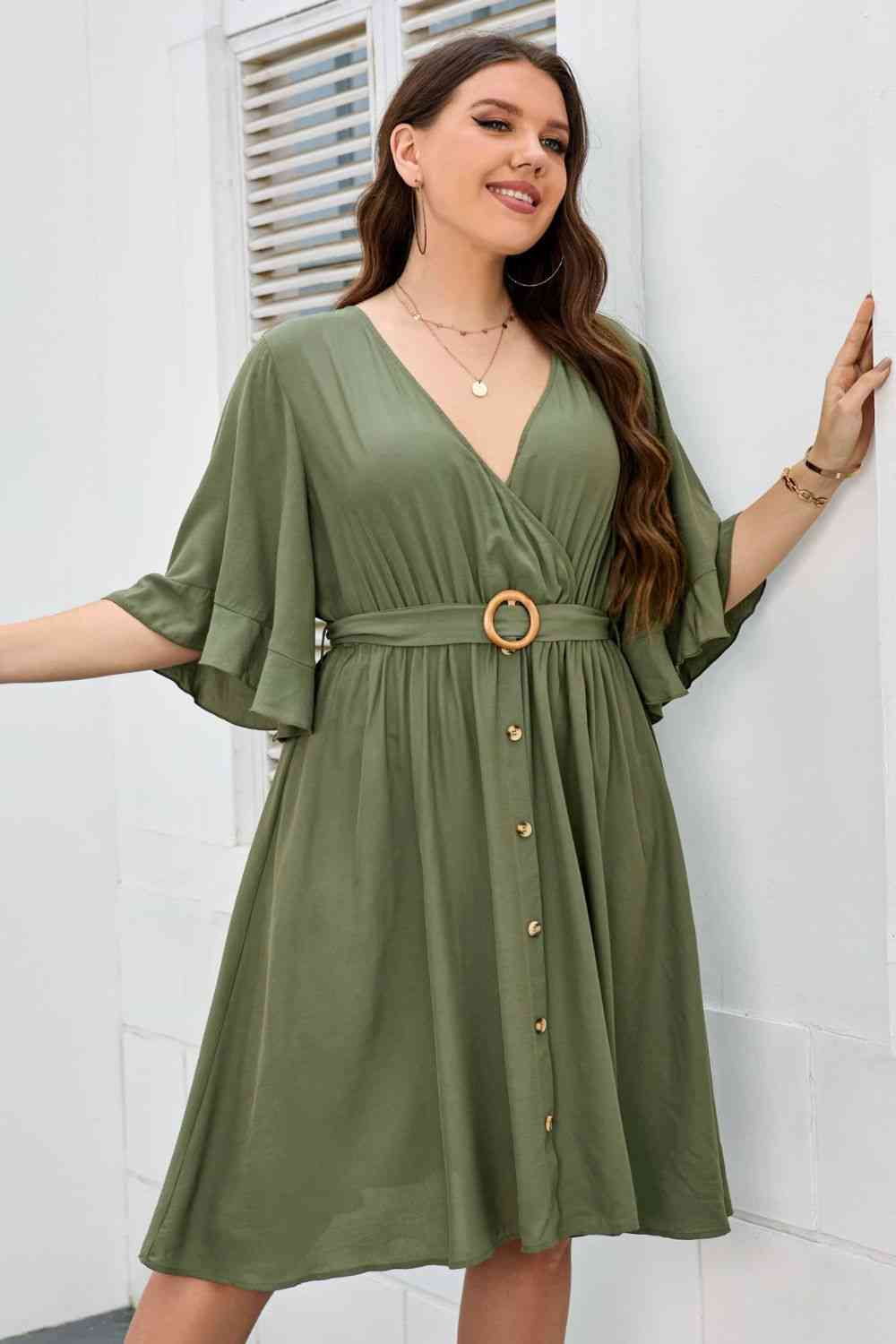 Plus Size Moss Green Surplice Neck Half Sleeve Dress