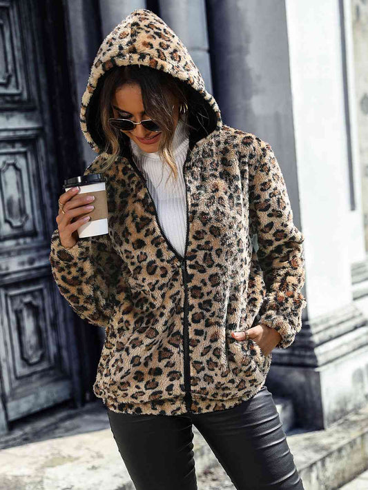 Maya Full Size Leopard Zip-Up Camel Brown Hooded Jacket