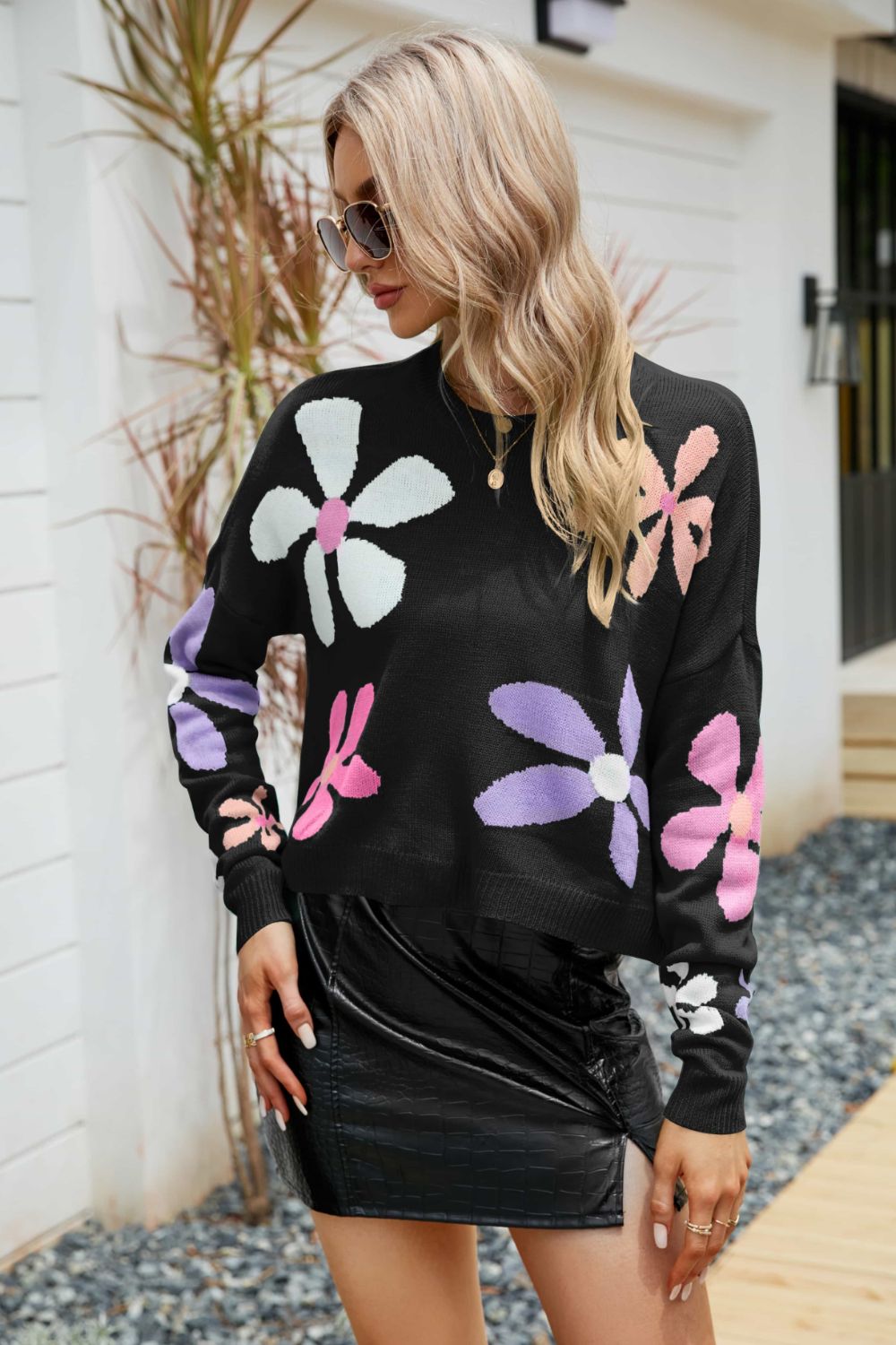 BLAZIN' BEAUTY Floral Dropped Shoulder Ribbed Trim Sweater