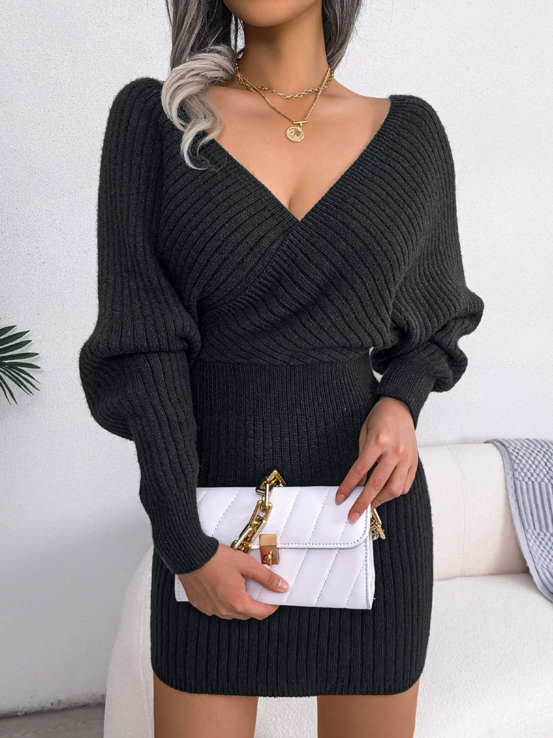 Delilah Rib-Knit Dolman Sleeve Sweater Dress