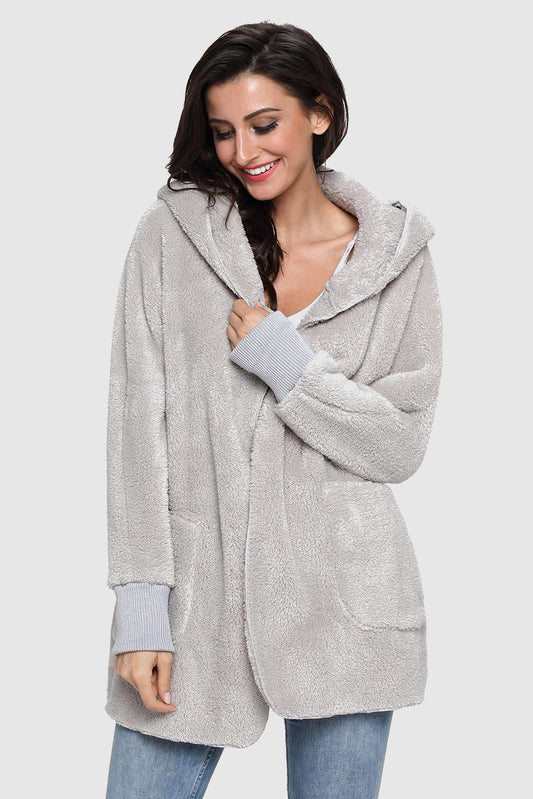 Women's Sophia & Grace Full Size Soft Fleece Hooded Open Front Coat