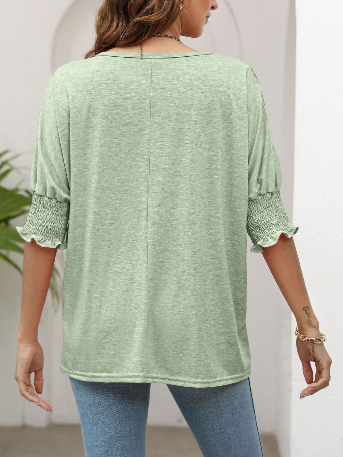 Full Size Smocked Flounce Sleeve Round Neck T-Shirt