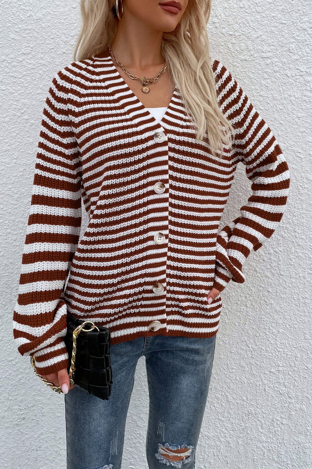 LakenLea Striped V-Neck Button-Down Cardigan