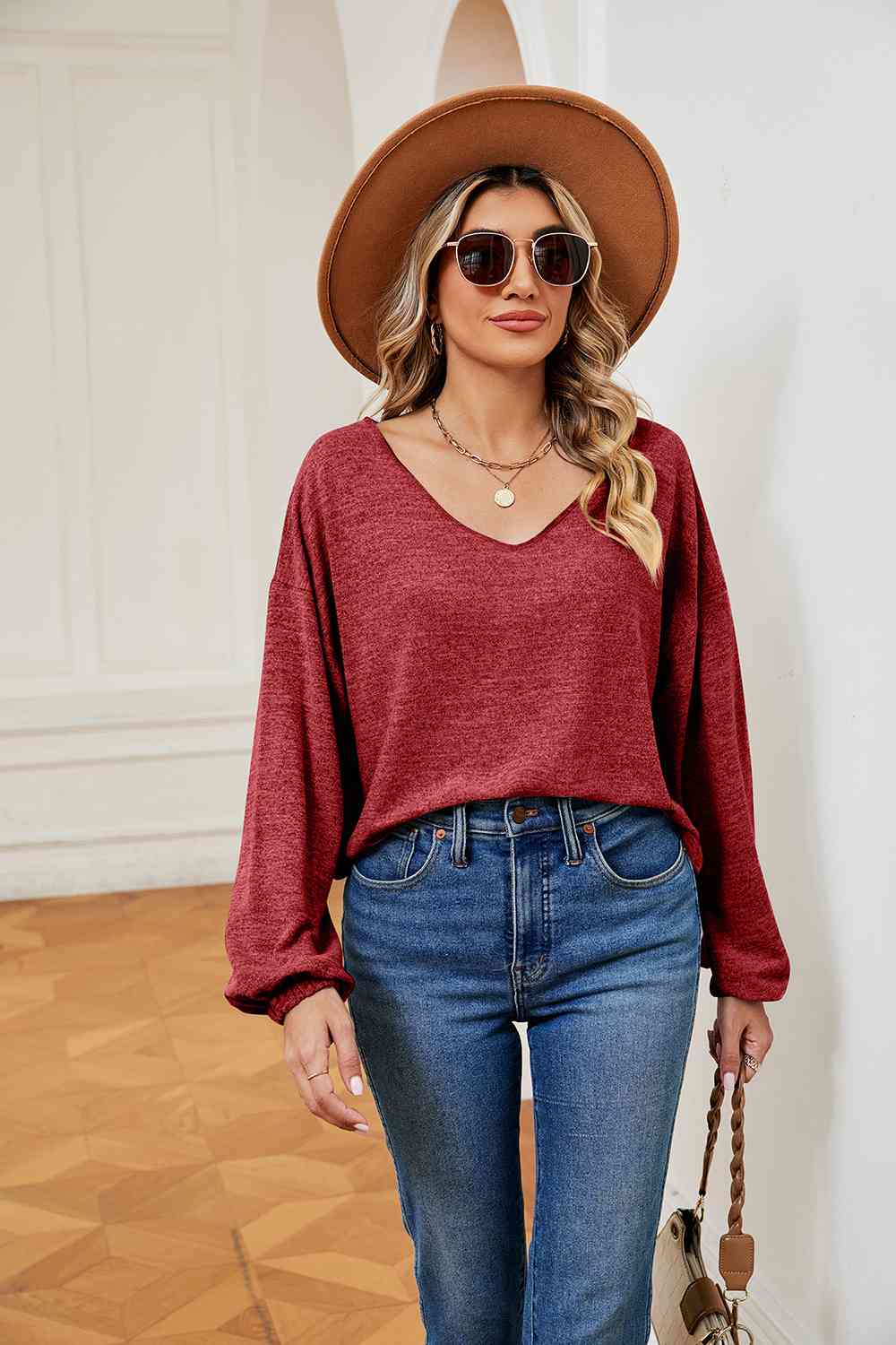 Full Size V-Neck Long Sleeve Top