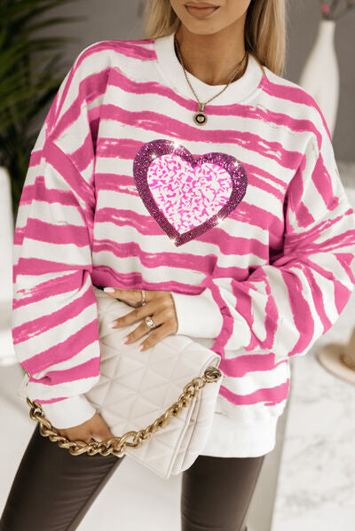 VALENTINE SEASONAL Heart Sequin Striped Dropped Shoulder Sweatshirt