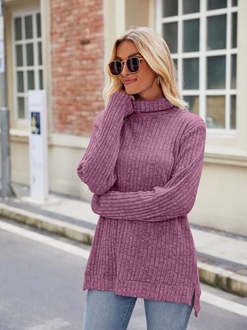 Laken Jay Ribbed Turtleneck Long Sleeve Slit Knit Top