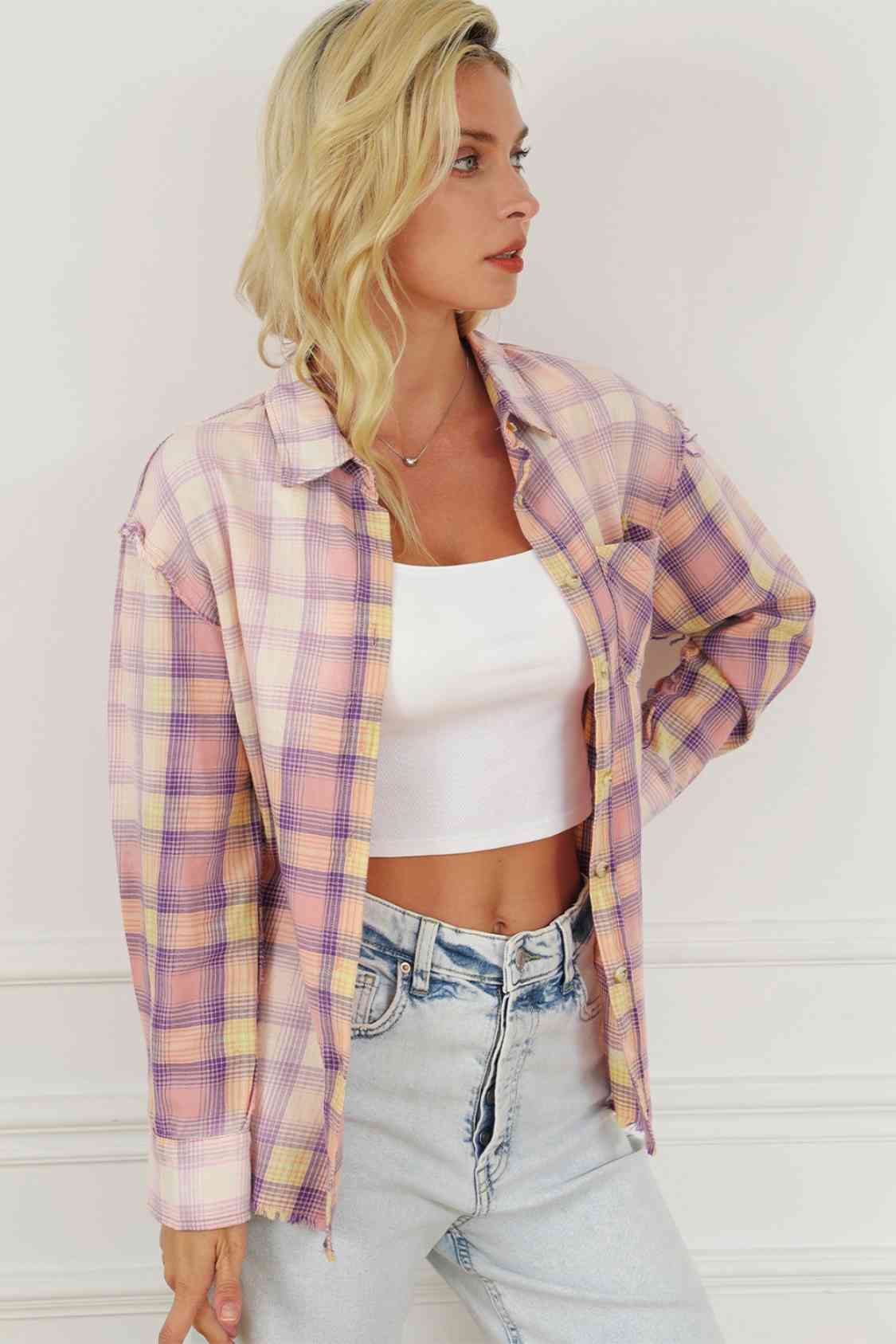 Plaid Button Up Collared Neck Long Sleeve Shirt