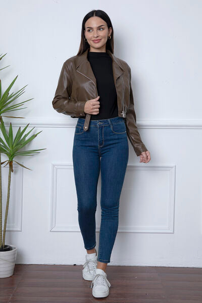 Zip Up Collared Neck Cropped Jacket