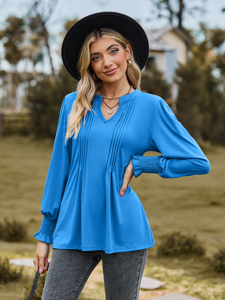 Full Size Notched Neck Flounce Sleeve Blouse