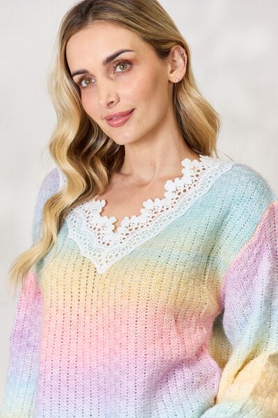 BiBi Rainbow Gradient Crochet Detail Pink Multi Sweater