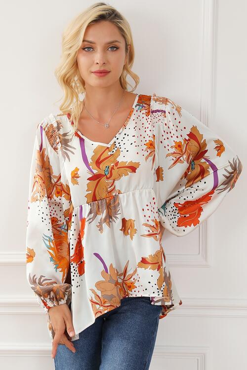 White Printed V-Neck Smocked Balloon Sleeve Blouse