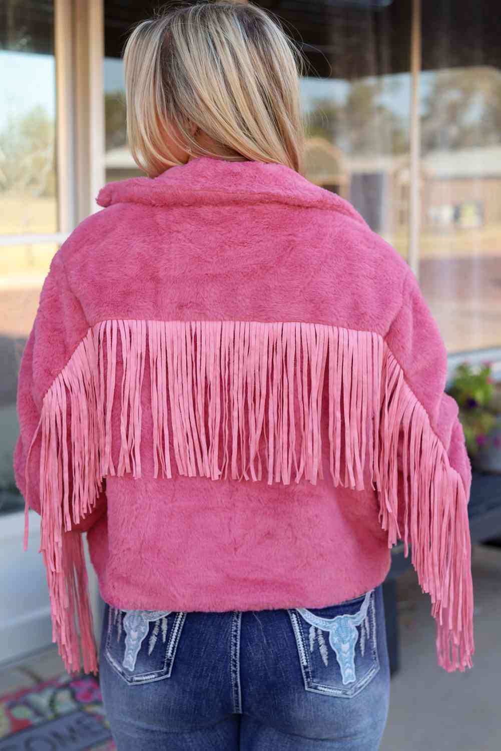 FashionToFigureTrends Hot Pink Fringe Detail Zip-Up Jacket