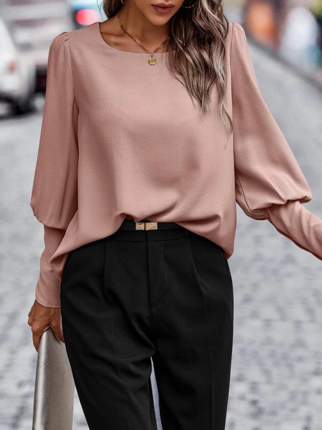 Full Size Round Neck Lantern Sleeve Blouse