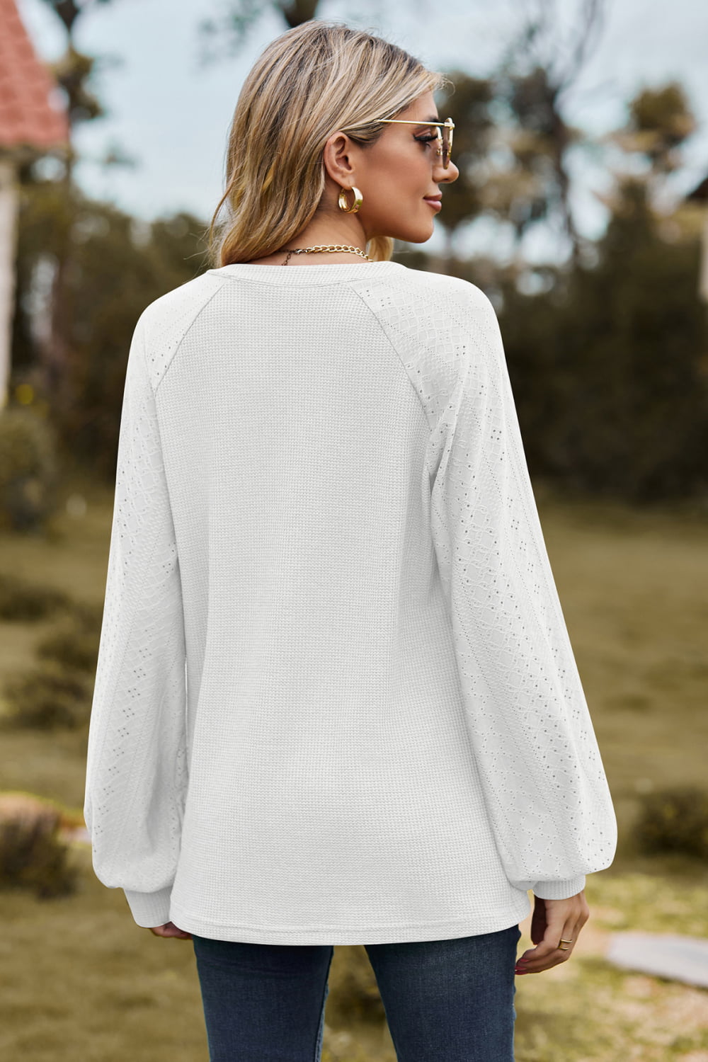 Full Size Notched Neck Raglan Sleeve Blouse