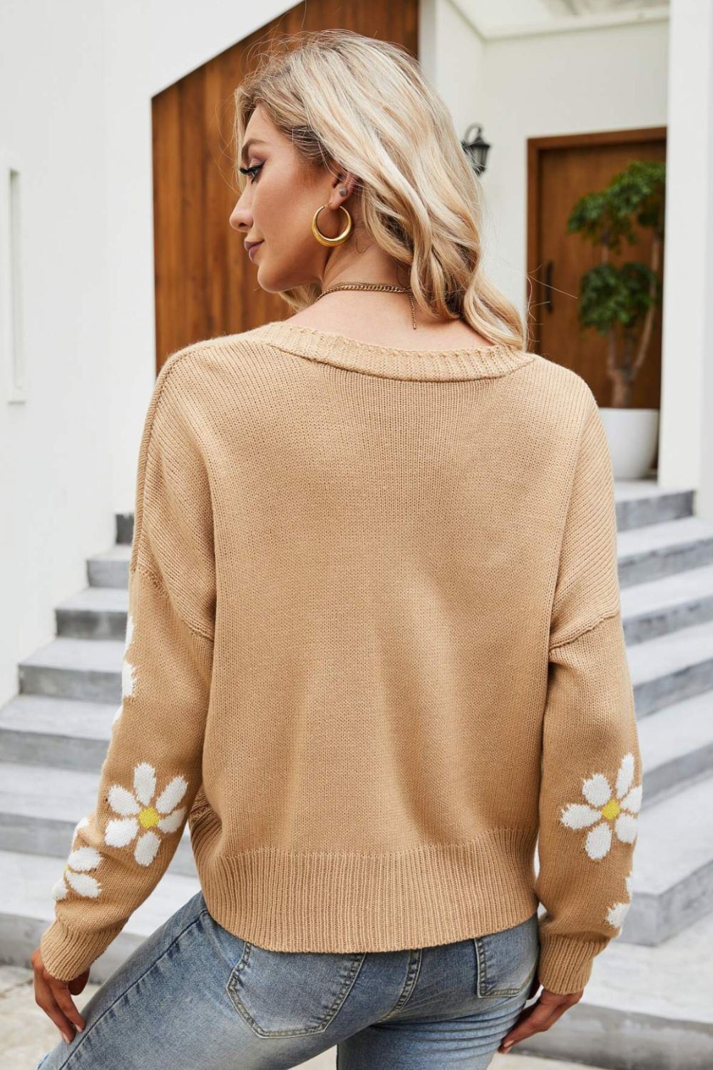 Floral Ribbed Trim Drop Shoulder Cardigan