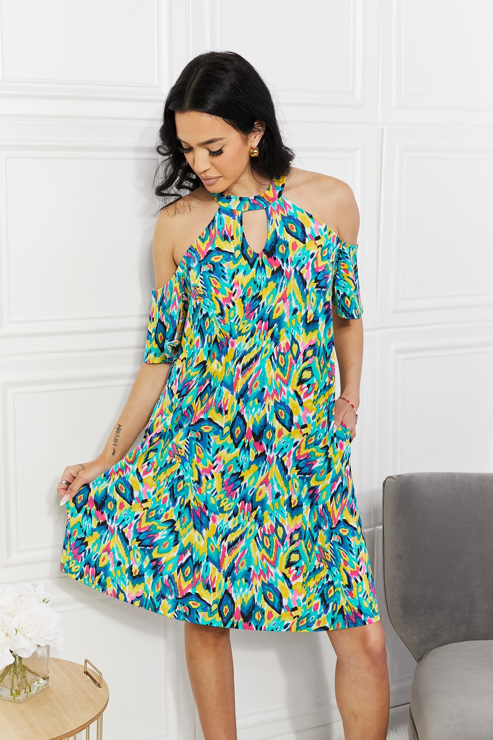 Women's Sew In Love Full Size Perfect Paradise Printed Cold-Shoulder Mini Dress
