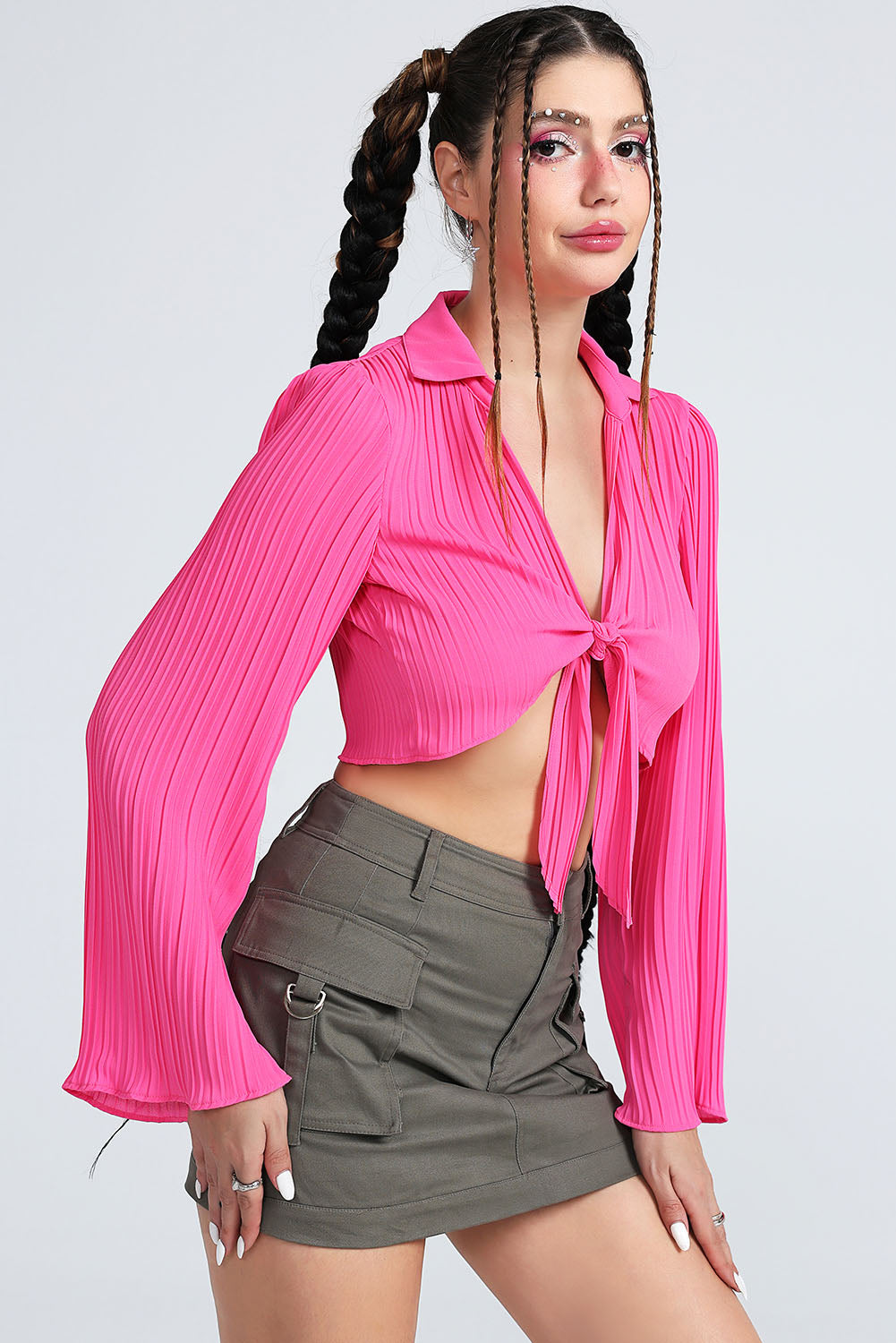 Malibu Dreams Tie Front Johnny Collar Flare Sleeve Cropped Top