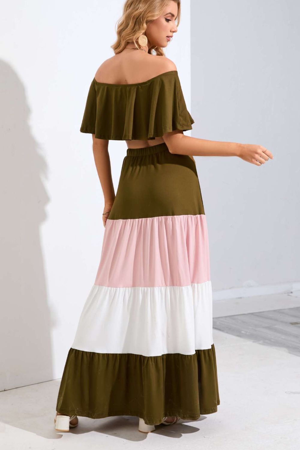 Women's Hailey Off-Shoulder Crop Top and Color Block Tiered Skirt Set
