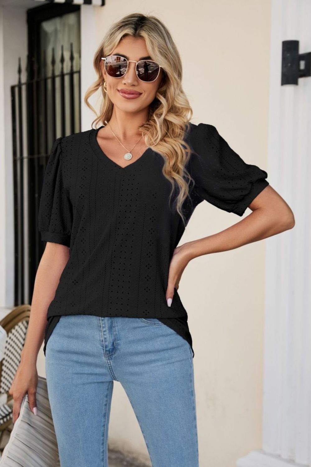 Full Size Eyelet Puff Sleeve V-Neck Top