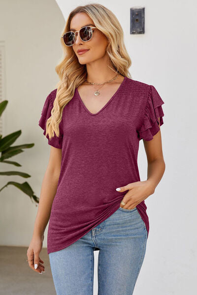 Ruffled V-Neck Flutter Sleeve T-Shirt