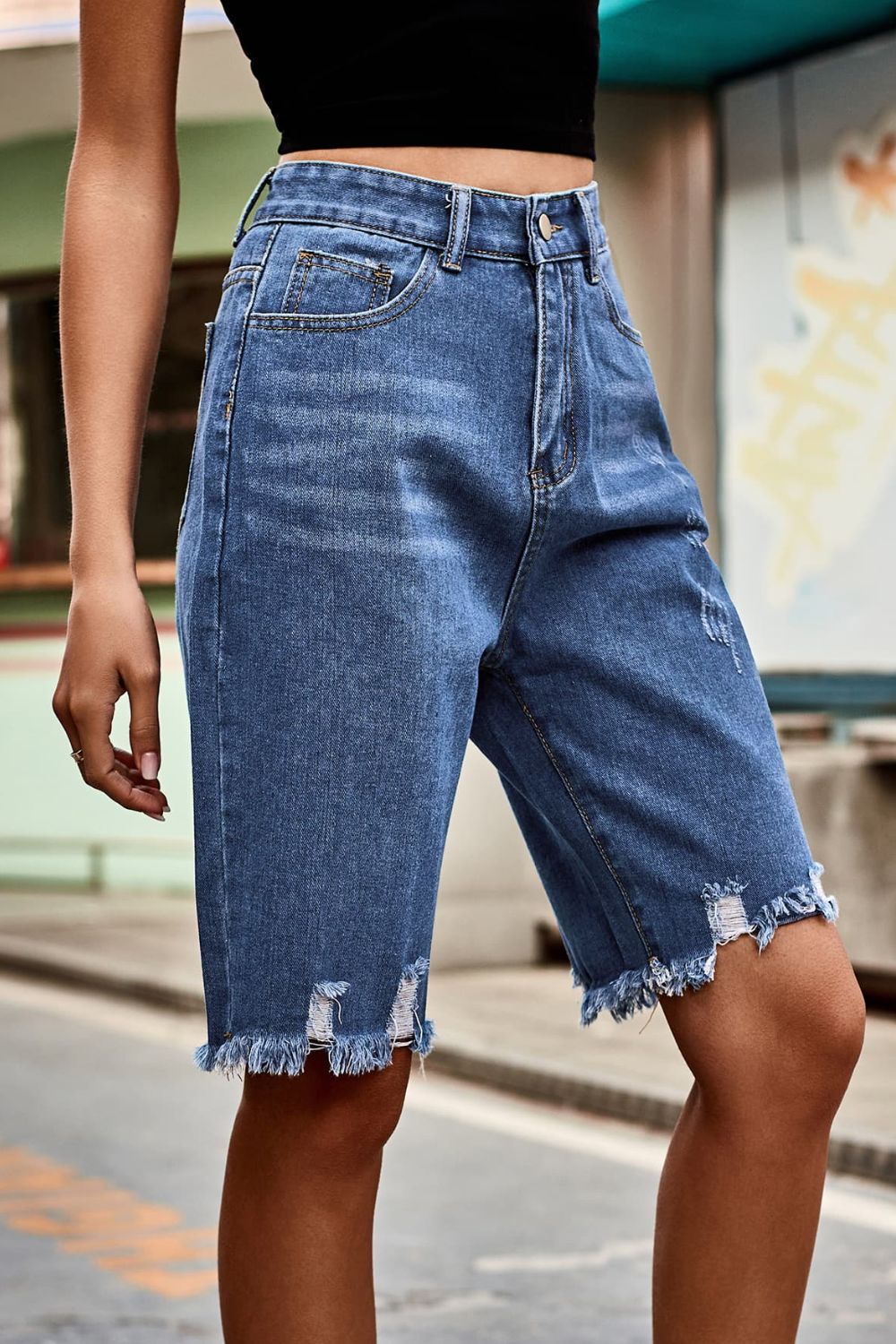 Women's Full Size Raw Calista Hem High Waist Denim Shorts with Pockets