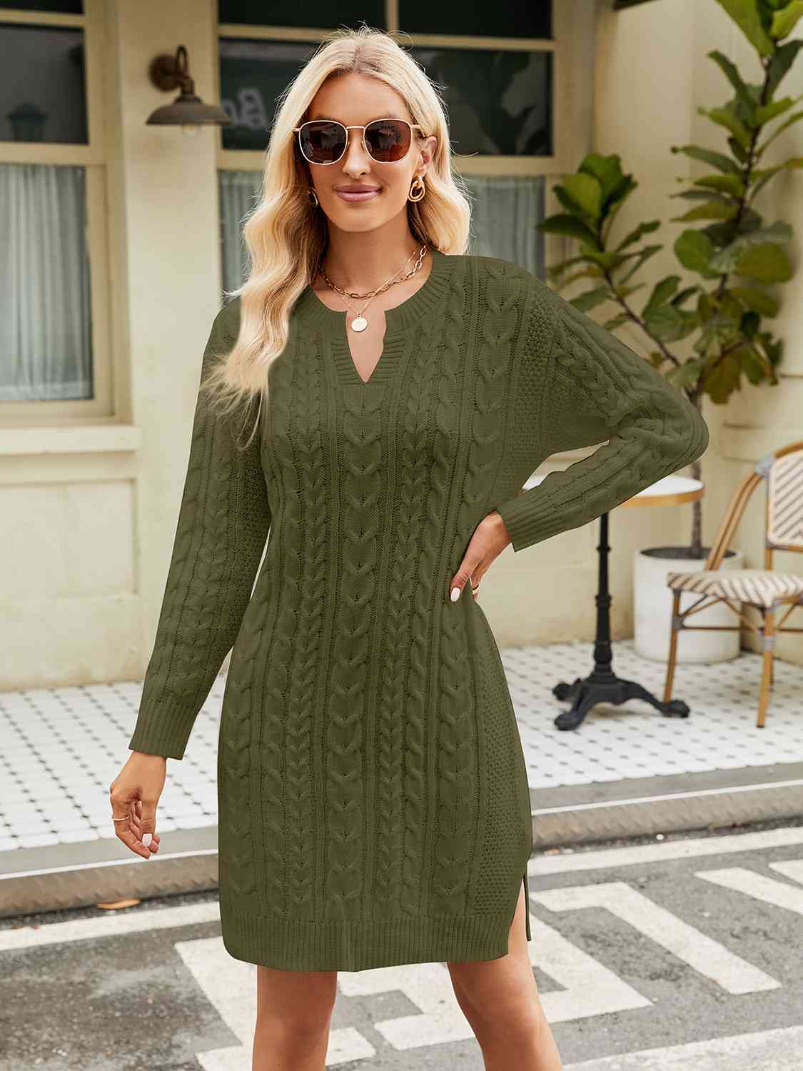 CozyWonders Full Size Notched Neck Cable-Knit Slit Sweater Dress