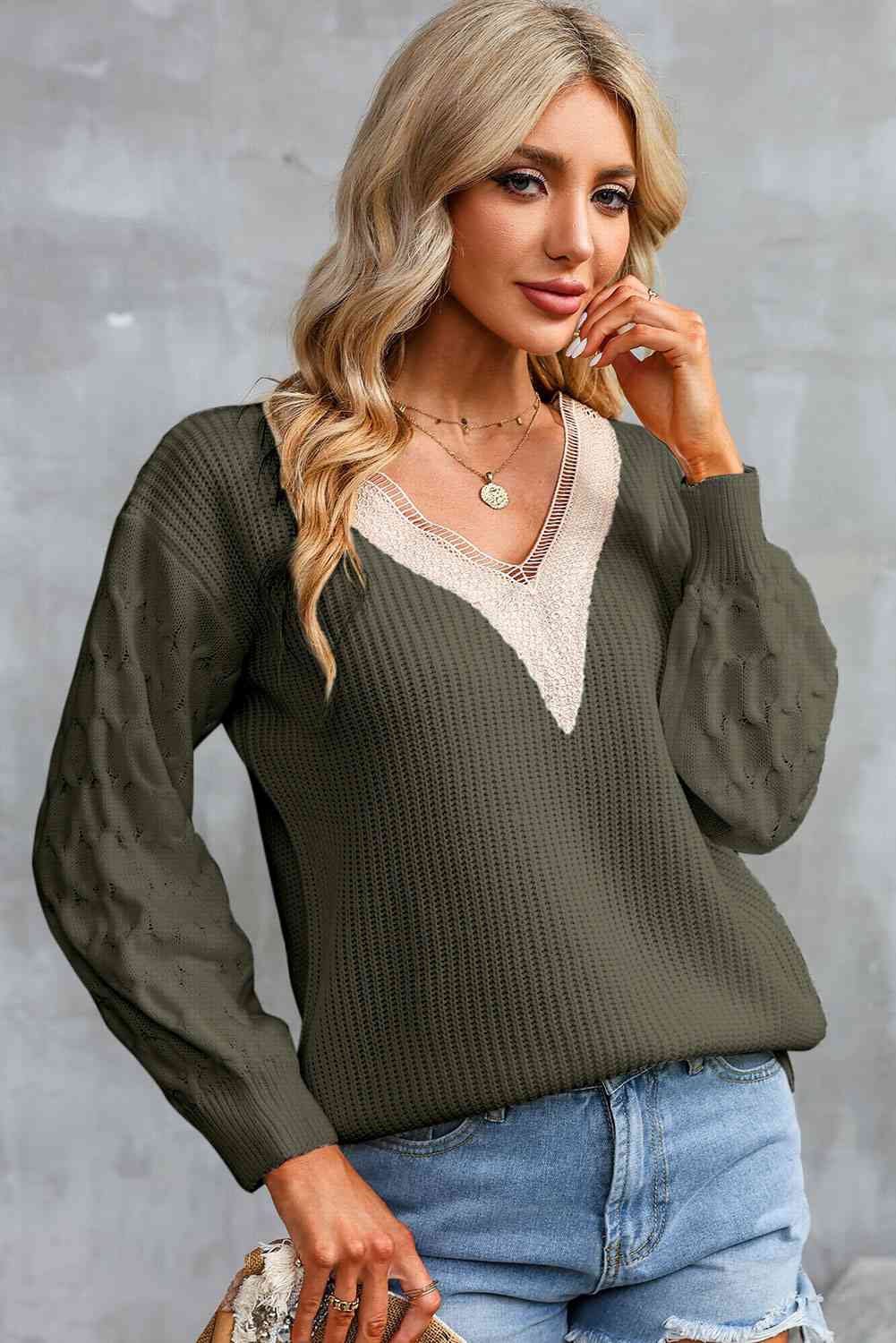 KnittedEmporium Full Size Contrast V-Neck Sweater