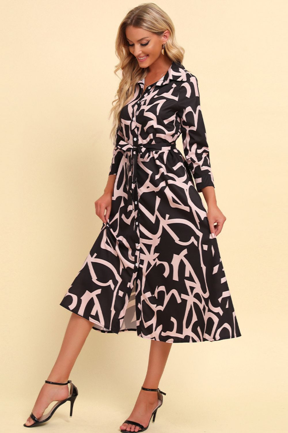 Women's Printed Button Front Belted Midi Dress