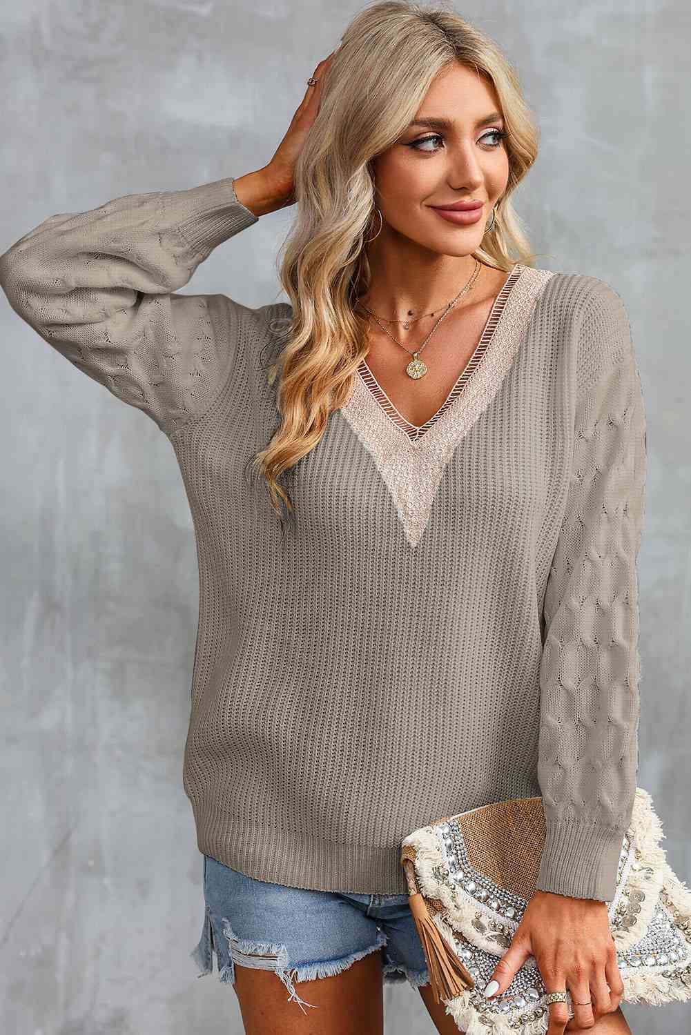 KnittedEmporium Full Size Contrast V-Neck Sweater