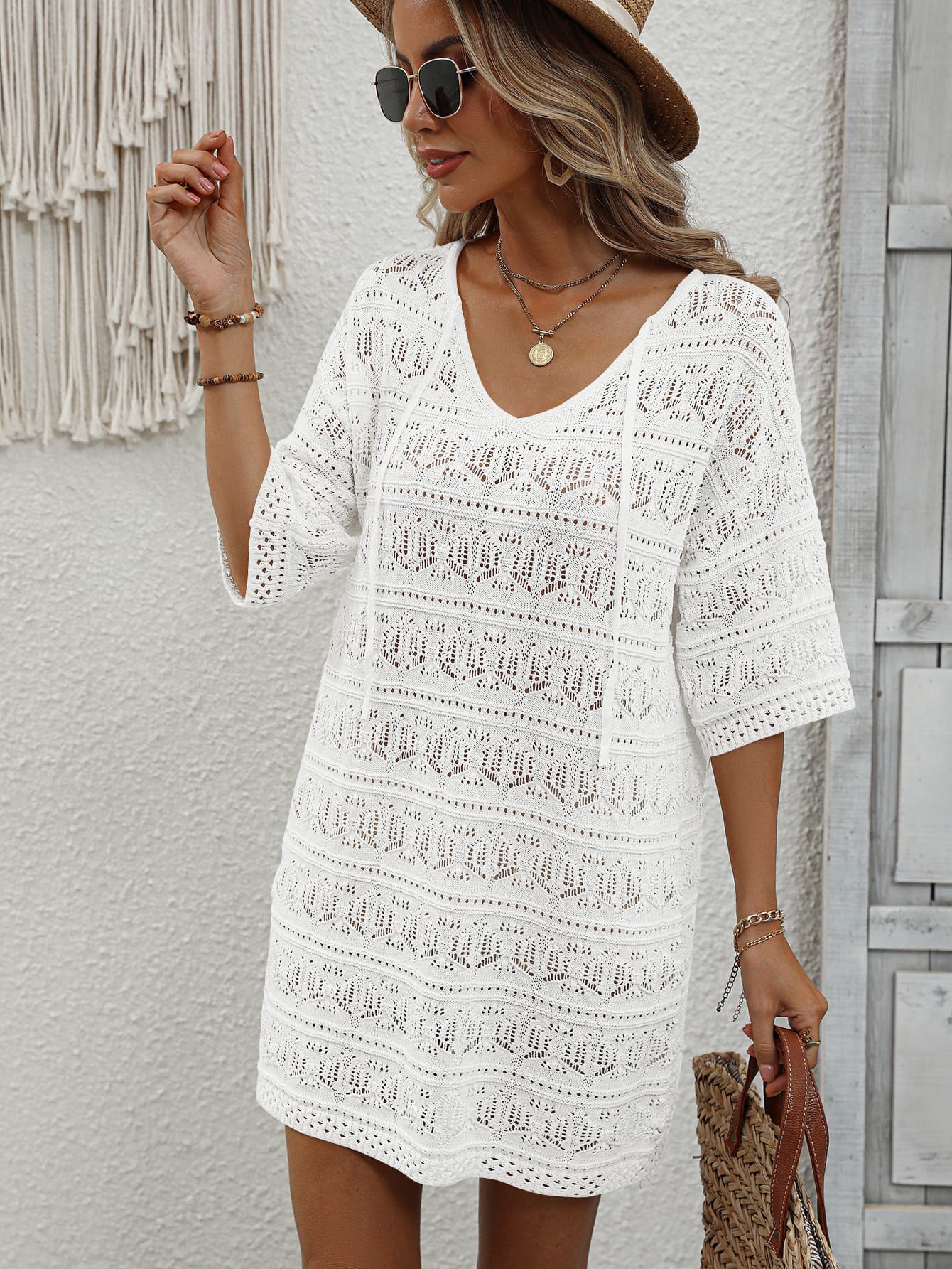 SOCHIC Openwork V-Neck Mini Knit Dress