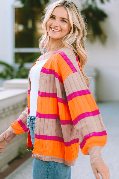 Charming Trends Ribbed Striped Open Front Long Sleeve Cardigan