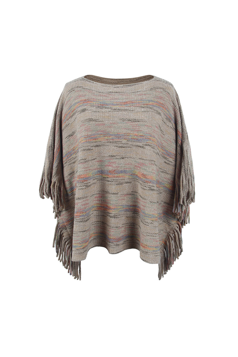 One Size Round Neck Fringe Detail Sleeve Poncho