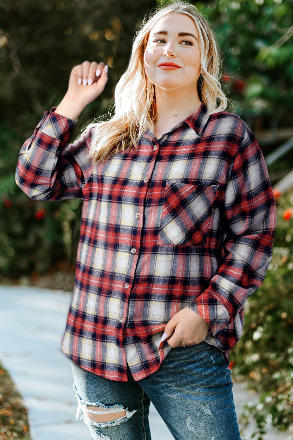 Women's Plus Size Plaid Collared Neck Red Shirt