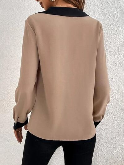 Women's Ava Contrast Trim V-Neck Long Sleeve Blouse