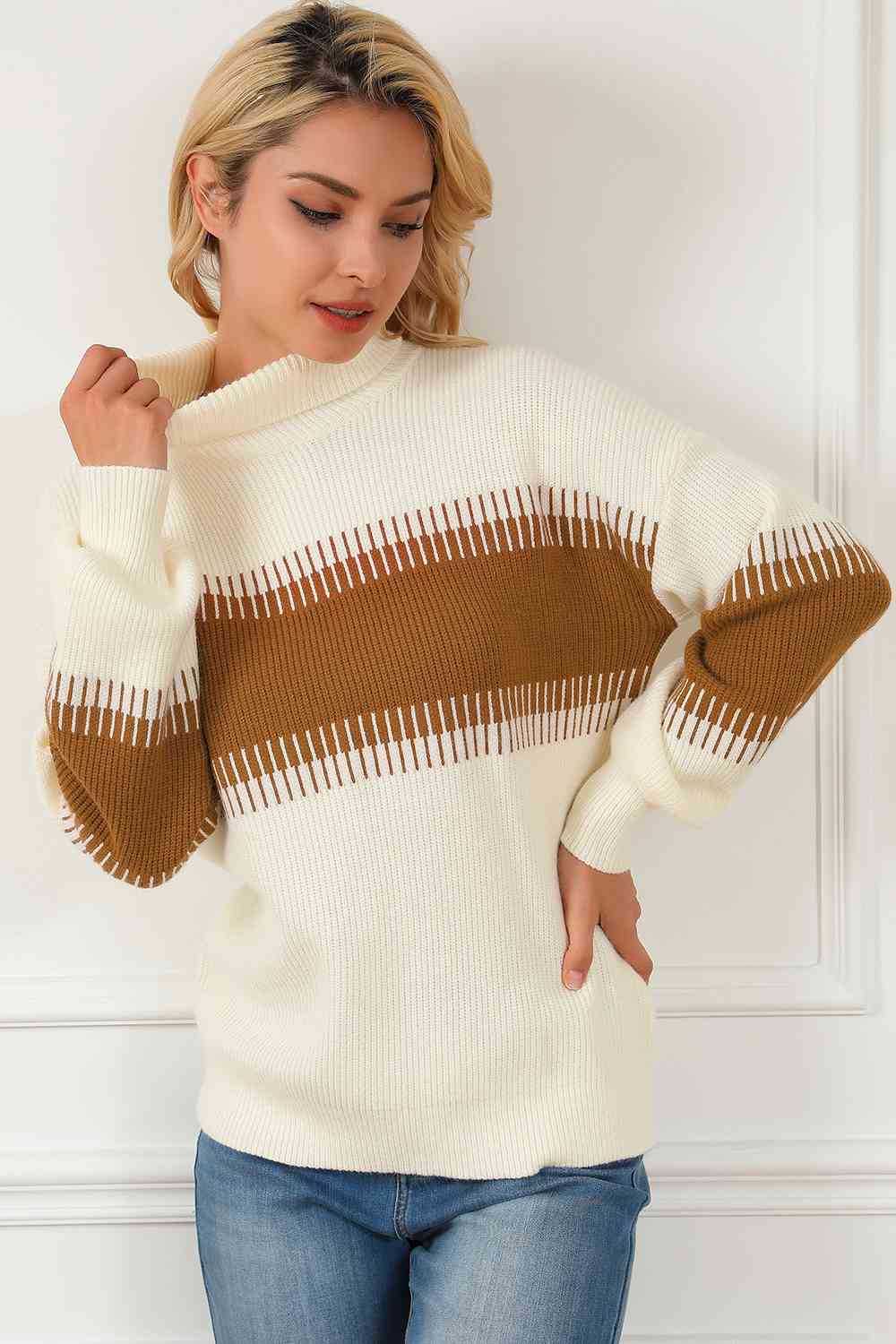 CozyWonders Contrast Turtleneck Cream Long Sleeve Sweater