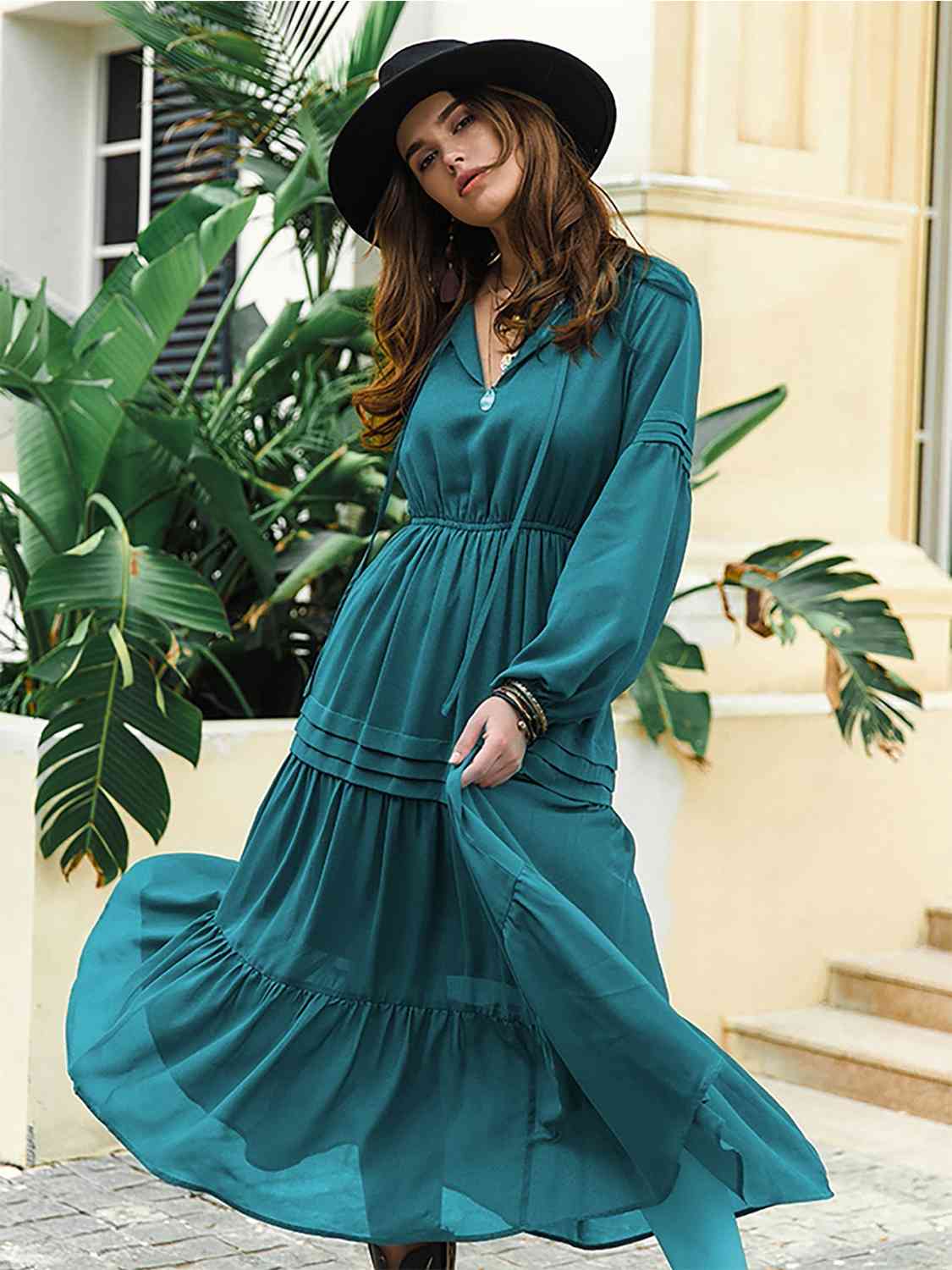 Amelia Tie Neck Long Sleeve Midi Tiered Dress