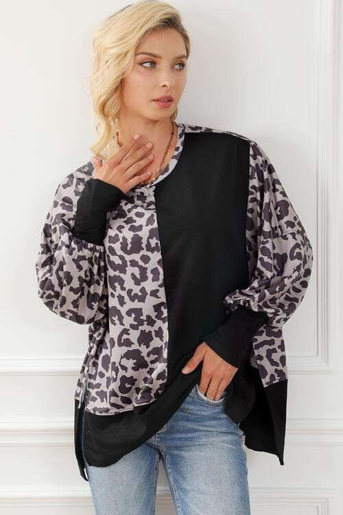 Leopard Round Neck Lantern Sleeve Slit Black Sweatshirt