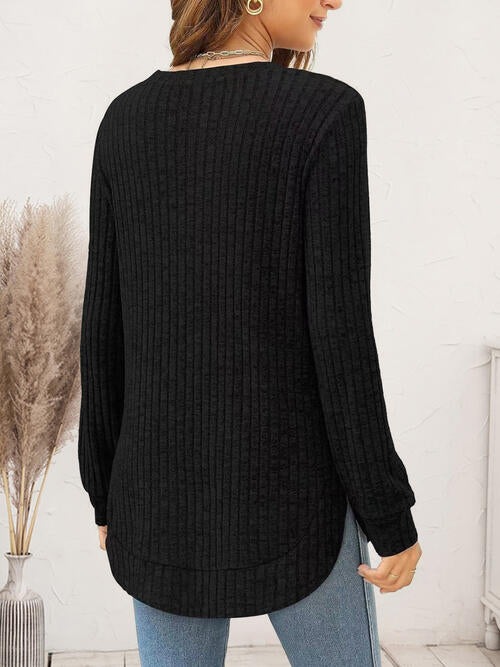 Ribbed Round Neck Long Sleeve T-Shirt