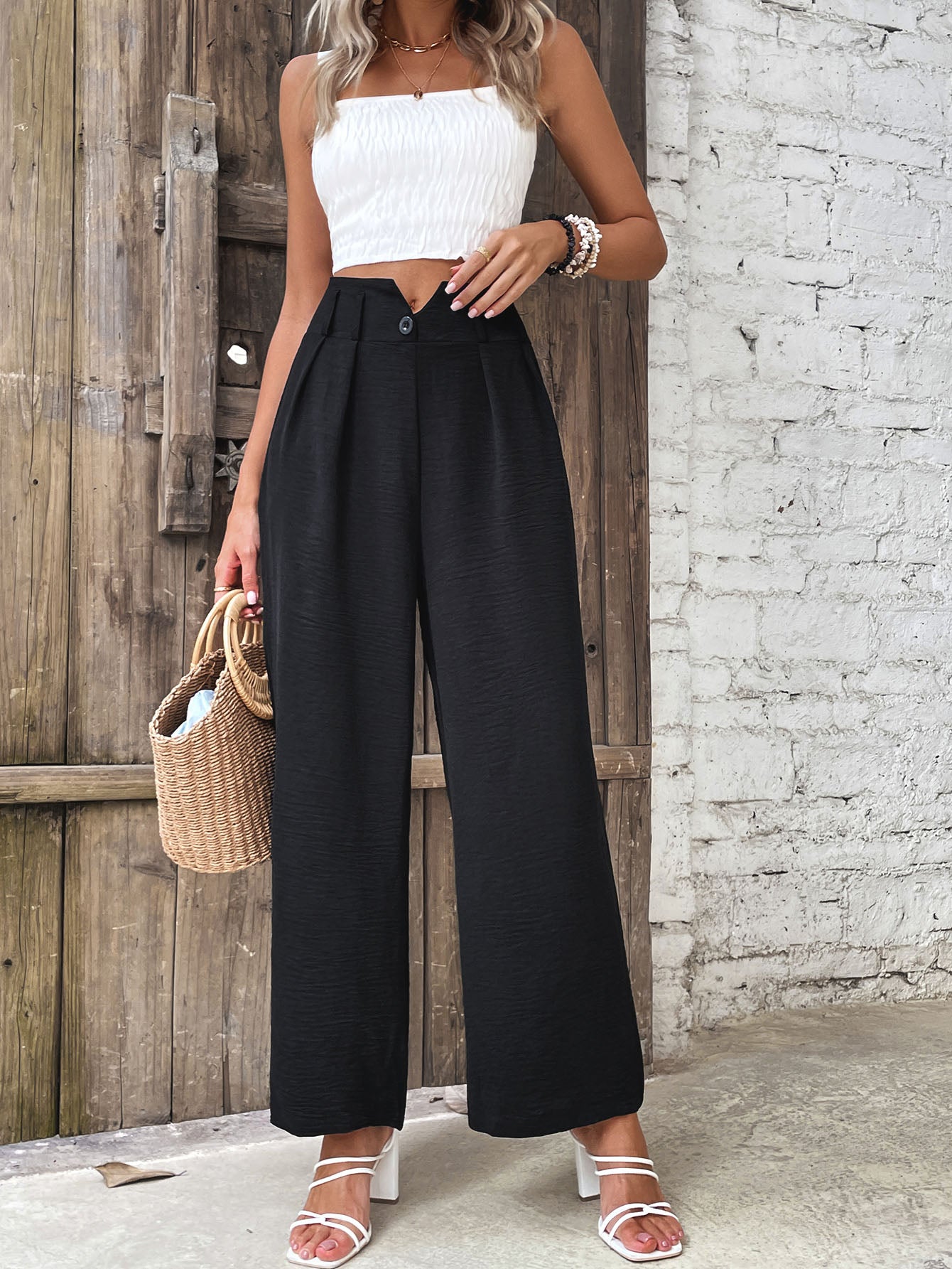 INSPRIRE ME Ruched High Waist Straight Leg Pants