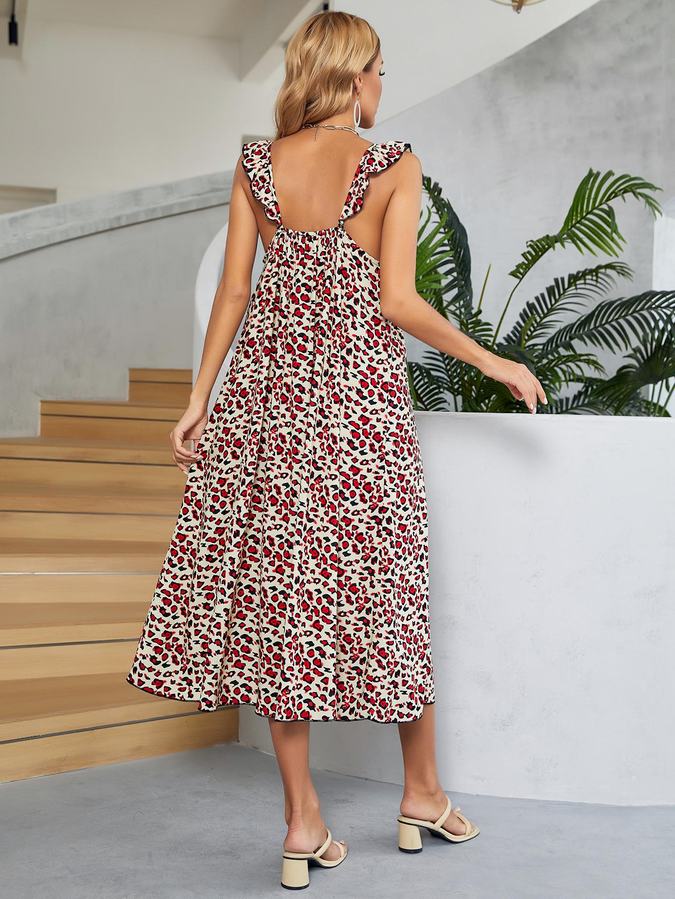 BAYSIDE Printed Ruffled Sleeveless Midi Dress