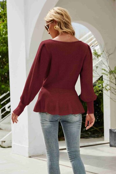 Ribbed Round Neck Lantern Sleeve Sweater