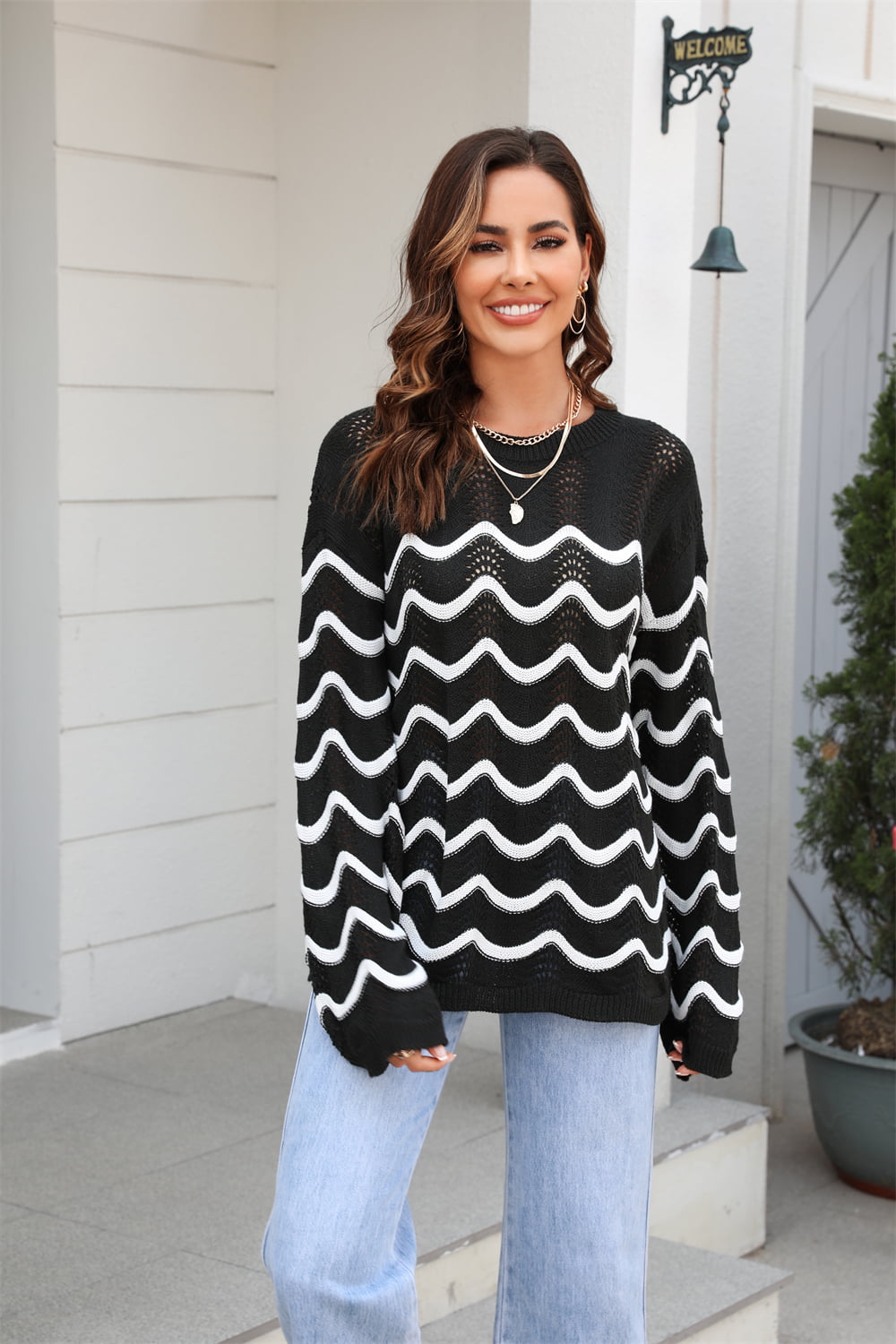 Hannah&Mea Wave Pattern Round Neck Long Sleeve Sweater