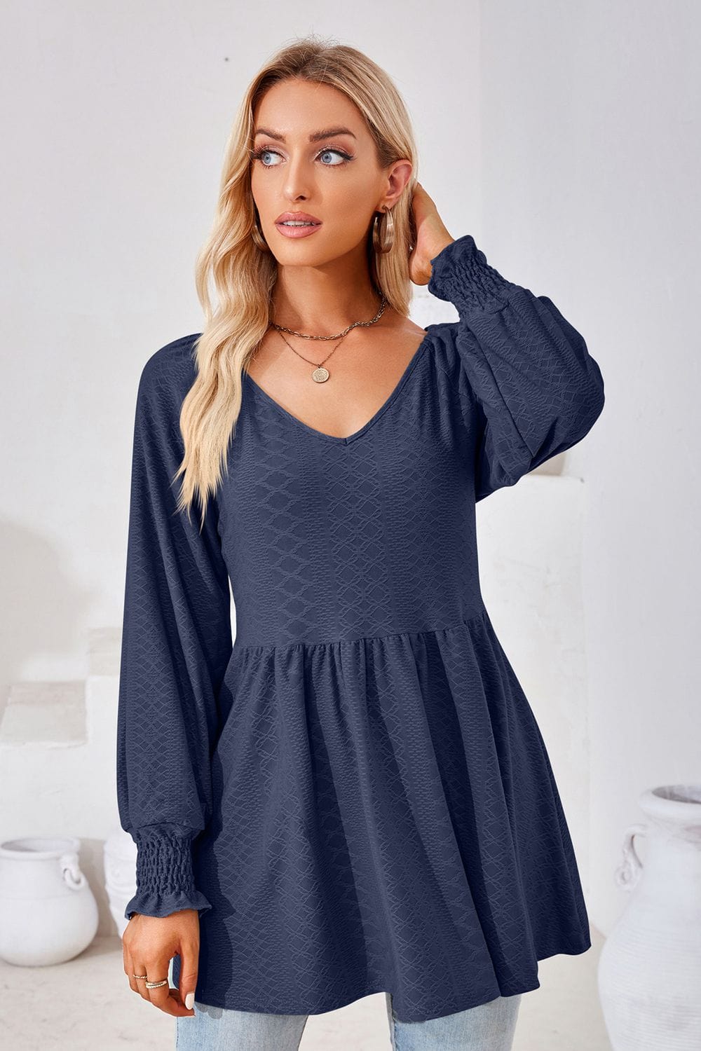 Full Size V-Neck Lantern Sleeve Blouse