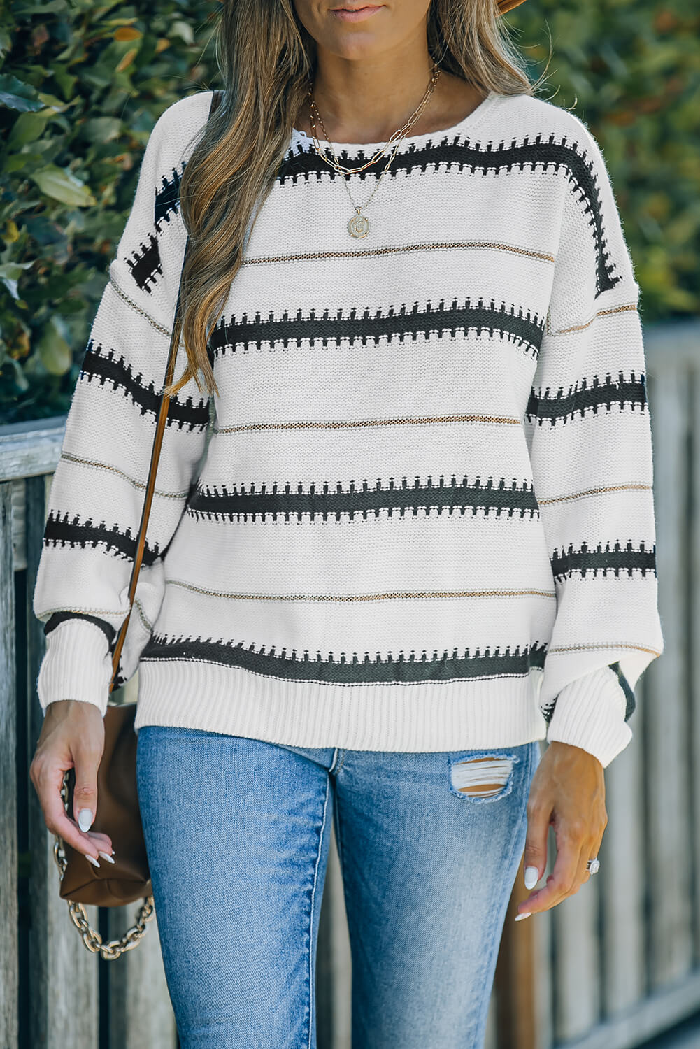 Full Size Striped Drop Shoulder Ribbed Cuff Sweater