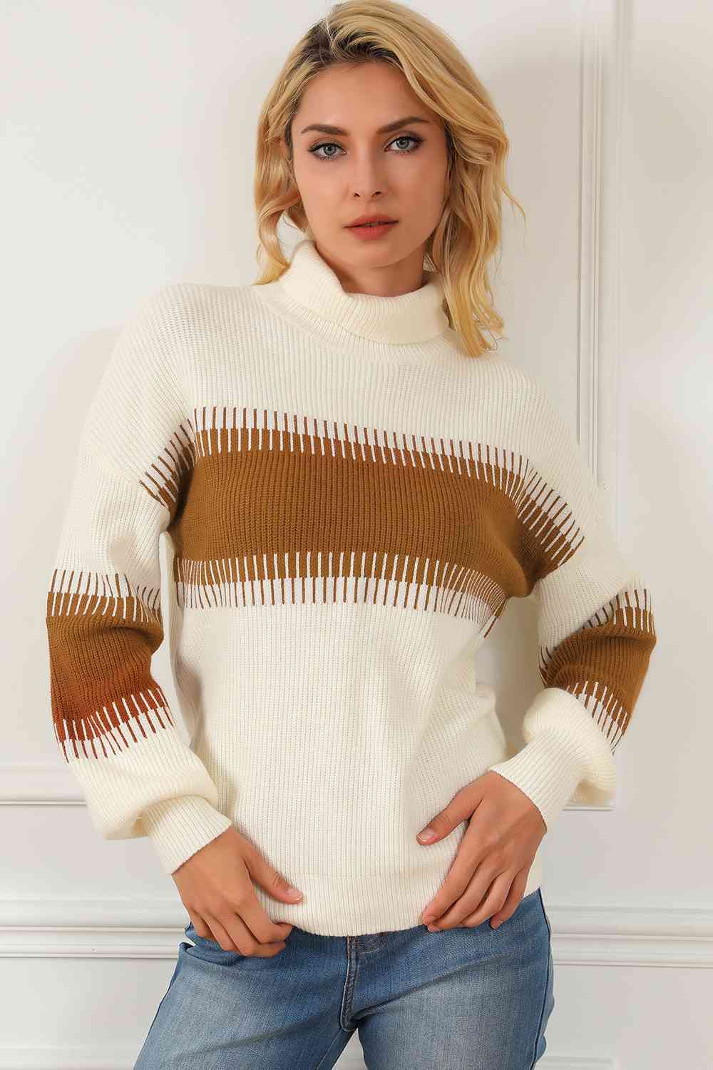 CozyWonders Contrast Turtleneck Cream Long Sleeve Sweater