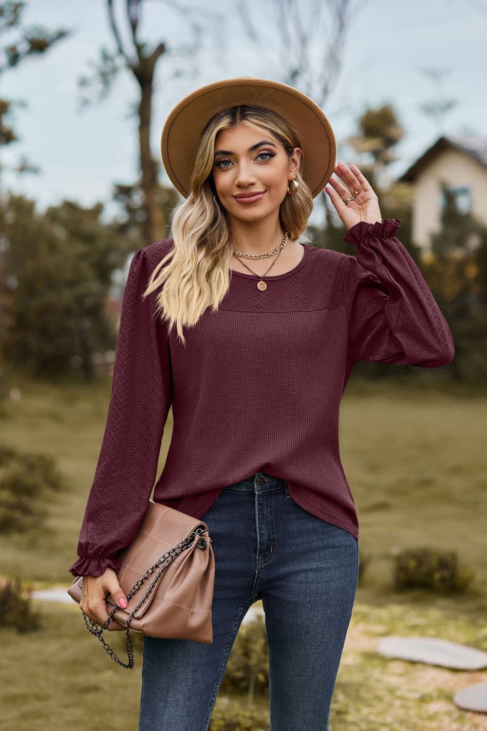 Full Size Round Neck Puff Sleeve Blouse