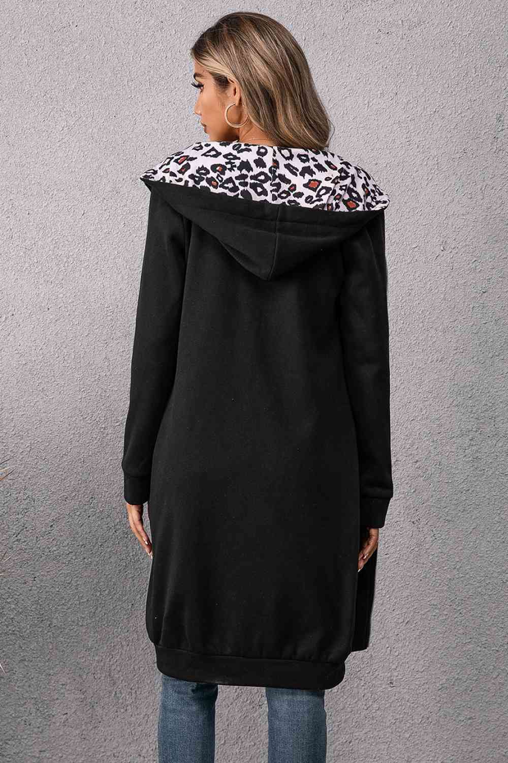 Black Leopard Spliced Drawstring Zip Up Hoodie Dress