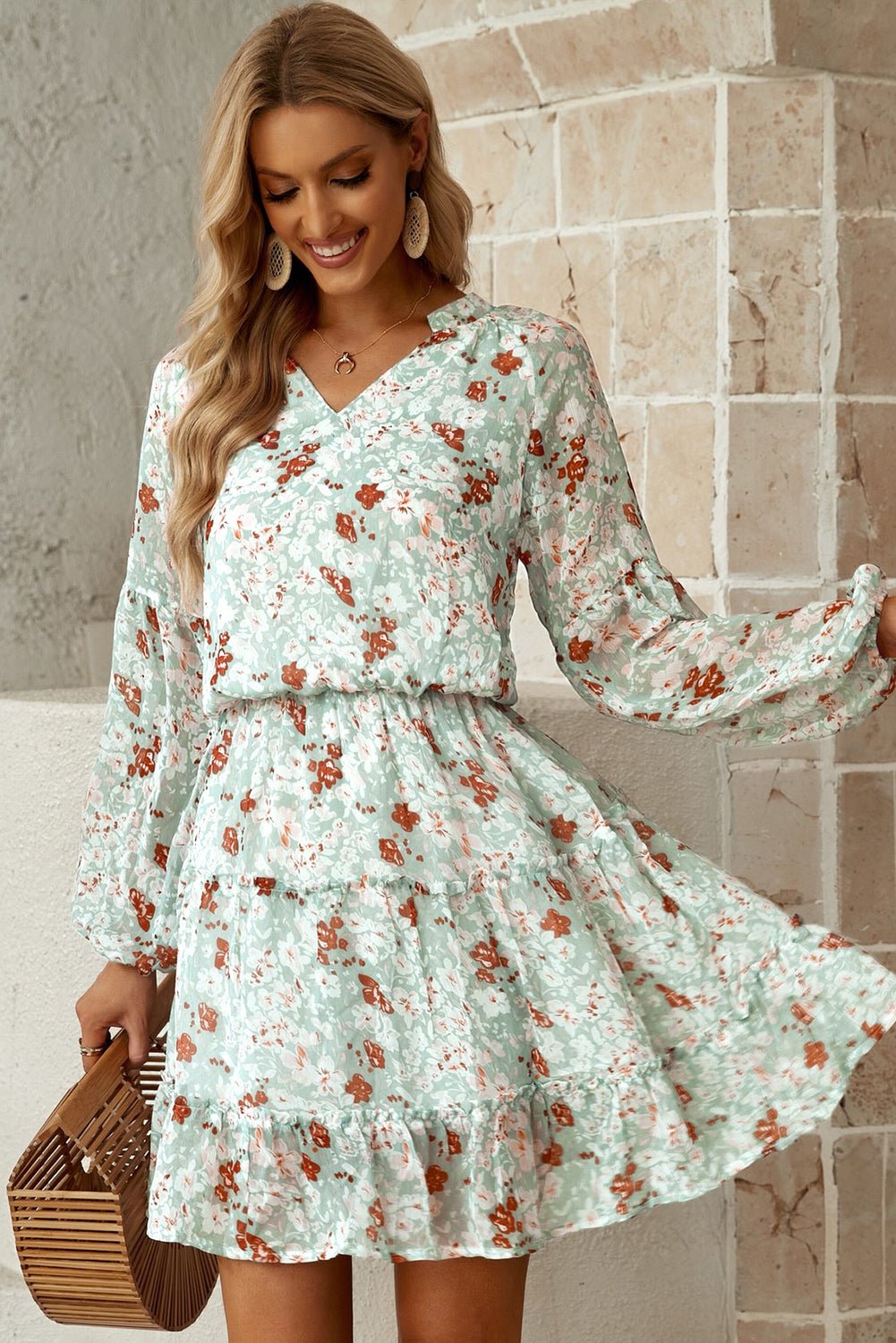 Women's Floral Frill Trim Puff Sleeve Notched Neck Dress